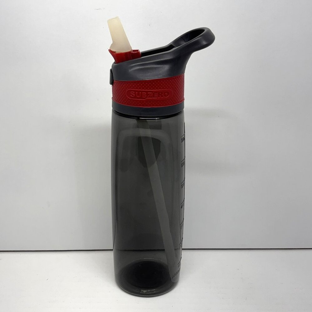 SUBZERO 28 oz Smoky Gray and Dark Red Plastic Water Bottle Push Button Top Straw